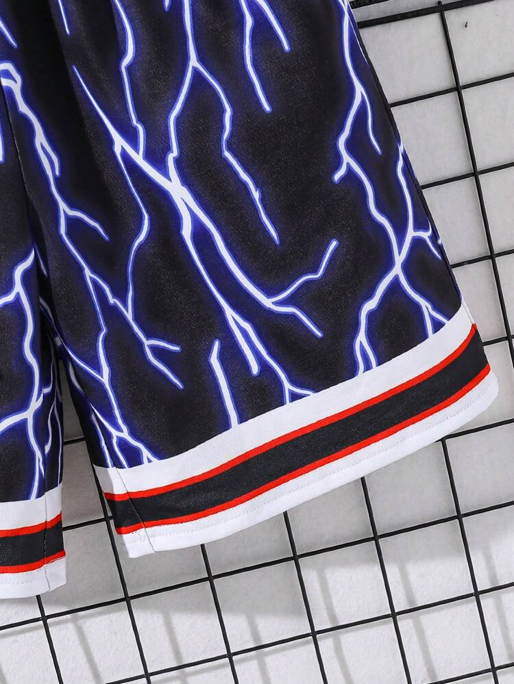 Teen Boy Street Style Cool Lightning & Letter Print Sleeveless Tee With Round Neck T-Shirt And Shorts Knitted 3pcs Set
