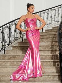 SHEIN Belle Vestido De Noche De Fiesta De Promoción De Correa De Espagueti Dividido Con Corte Láser Para Mujer - Multicolor - Ver 6