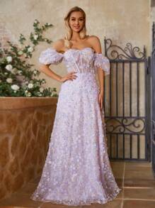 SHEIN Belle Women's Off Shoulder Embroidered Evening Dress - Mauve Purple - View 7