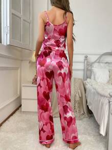 Heart Printed Satin Cami & Pants Pajama Set - Hot Pink - View 2