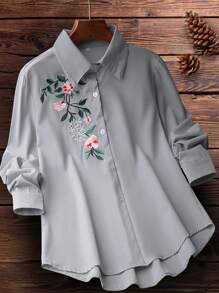 时尚女士刺绣优雅休闲衬衫、长袖上衣 - 灰色 - 查看 4