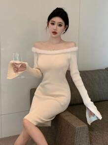DAZY Off-Shoulder Women'S Patchwork Furry Dress, Birthday Prom Dress,Fall Clothes Long Sleeve Dress Elegant Women Dresses - Beige - View 1