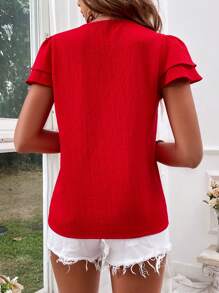 SHEIN VCAY V-Neck Button Front Vacation Blouse - Red - View 2