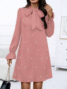 SHEIN LUNE Pearl Decor Tie Neckline Sheath Dress - Pink - View 4