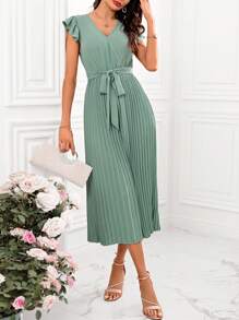 SHEIN Clasi Women'S Solid Color Short Flutter Sleeve Jumpsuit With Pleated Hem - Green - View 5