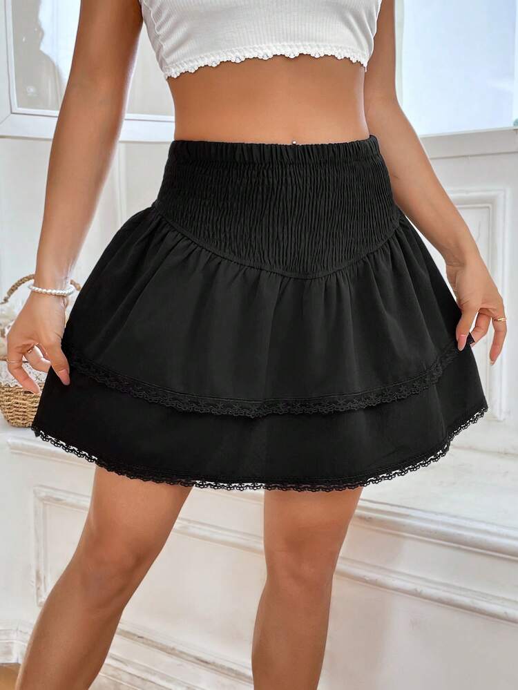 Women's Elegant Solid Color Patchwork Lace Skirt With Shirred Hem