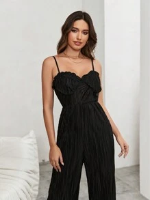 SHEIN Privé Salopetă elegantă pentru femei, plisată, cu picioare largi, cu garnitură cu volane și curea reglabilă, perfectă pentru vară și vacanță - Negru - Vizualizare 3