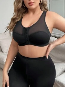 Plus Size Front Hook Closure Wireless Mesh Contrast Brassiere Lingerie - Black - View 5