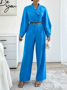 RueChic Ladies' Peak Collar Double Breasted Suit Set - Blue - View 3