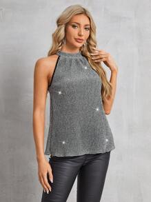 SHEIN Clasi Sparkly Halter Neck Tank Top - Silver - View 4