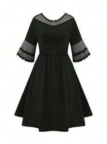 SHEIN Clasi Plus Size Mesh Panel Trumpet Sleeve Dress