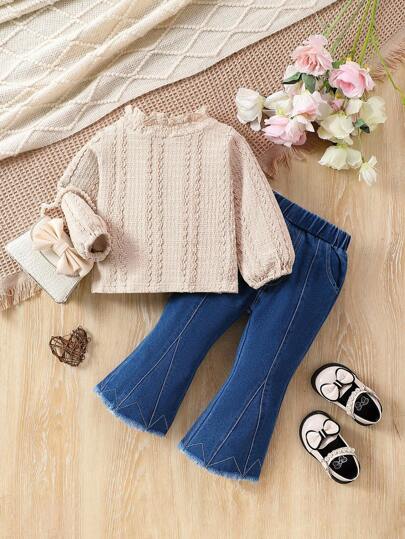 2入組新生兒女裝秋季/冬季優雅純色提花立領上衣，配流蘇邊垂墜牛仔褲