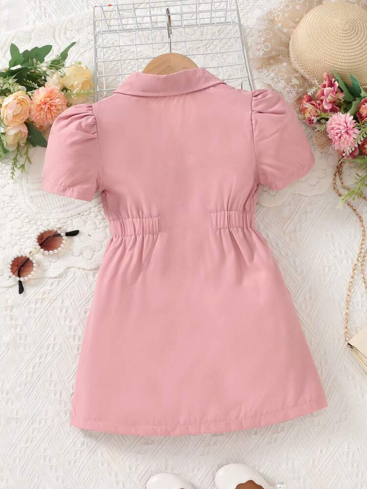 Young Girl's Fashionable And Elegant Collared Puff Sleeve Dress With Waist Pinching And Double-Breasted Closure, Summer