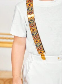 Young Boy Casual Geometric Pattern Overalls With Braces Sibling - White - View 4