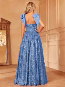 Faeriesty Floor Length Tie Shoulder Sequin Dress - Blue - View 2
