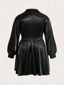ROMWE PUNK Dress Ukuran Plus Tombol Depan Plain Anggun - Hitam - View 2