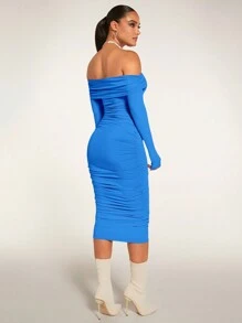 SHEIN BAE Women'S Foldover Off Shoulder Ruched Bodycon Dress - Blue - View 2