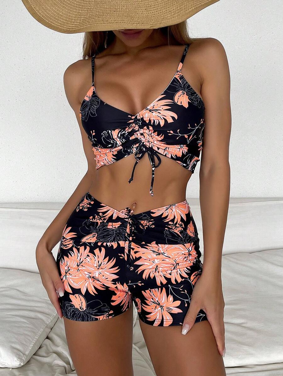 SHEIN Swim Summer Beach Tropical Tankini Set Drawstring Front Cami Top & V-Waist Shorts Bottom 2 Piece Bathing Suit - Multicolor - View 1