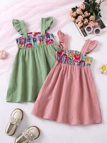 SHEIN 夏季年轻女孩格纹印花钩针细节两件套吊带连衣裙套装 - 彩色 - 查看 2