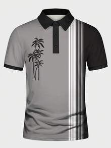 Manfinity Homme Men'S Palm Tree Stripe Short Sleeve Polo Shirt - Grey - View 3