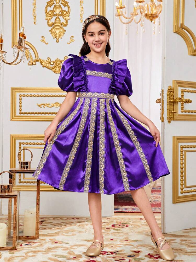 Tween Girls' Ribbon Detailed Bubble Sleeves Ruffled Hem Dress