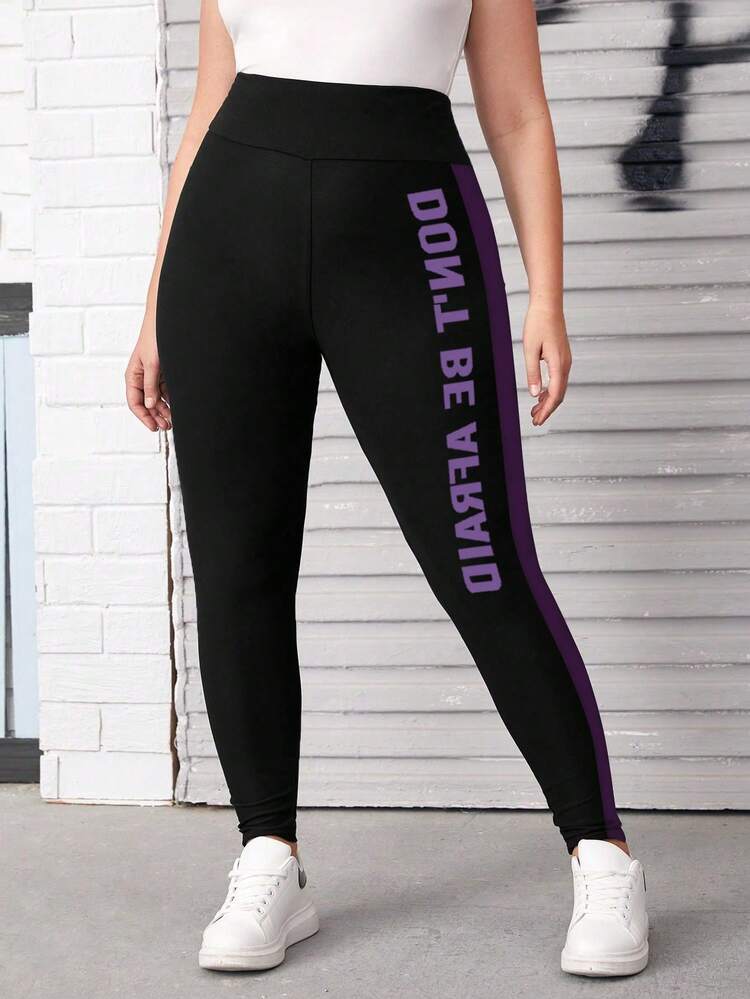 Plus Size Color Blocking Letter Printed Leggings Fall Cloth For Women