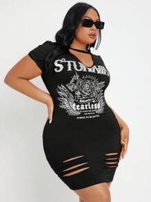 SHEIN SXY Kích thước lớn Của phụ nữ Ngắn tay In Cổ chữ V Đầm - màu đen - Xem 5