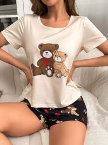 Cute Women's Knitted Bear Print Round Neck Regular Sleeve Pajama Set With Mini Shorts