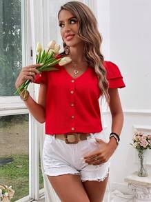 SHEIN VCAY V-Neck Button Front Vacation Blouse - Red - View 6