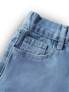 少女心形圖案磨邊下擺直筒牛仔褲 - 藍色 - 查看 3