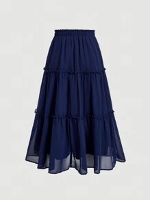 SHEIN MOD Jupe d'été en mousseline de soie à volants de couleur bleu foncé unicolore pour femmes