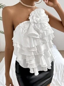 SHEIN Privé 女性3d花裝飾分層荷葉邊無肩帶上衣 - 米色 - 查看 6