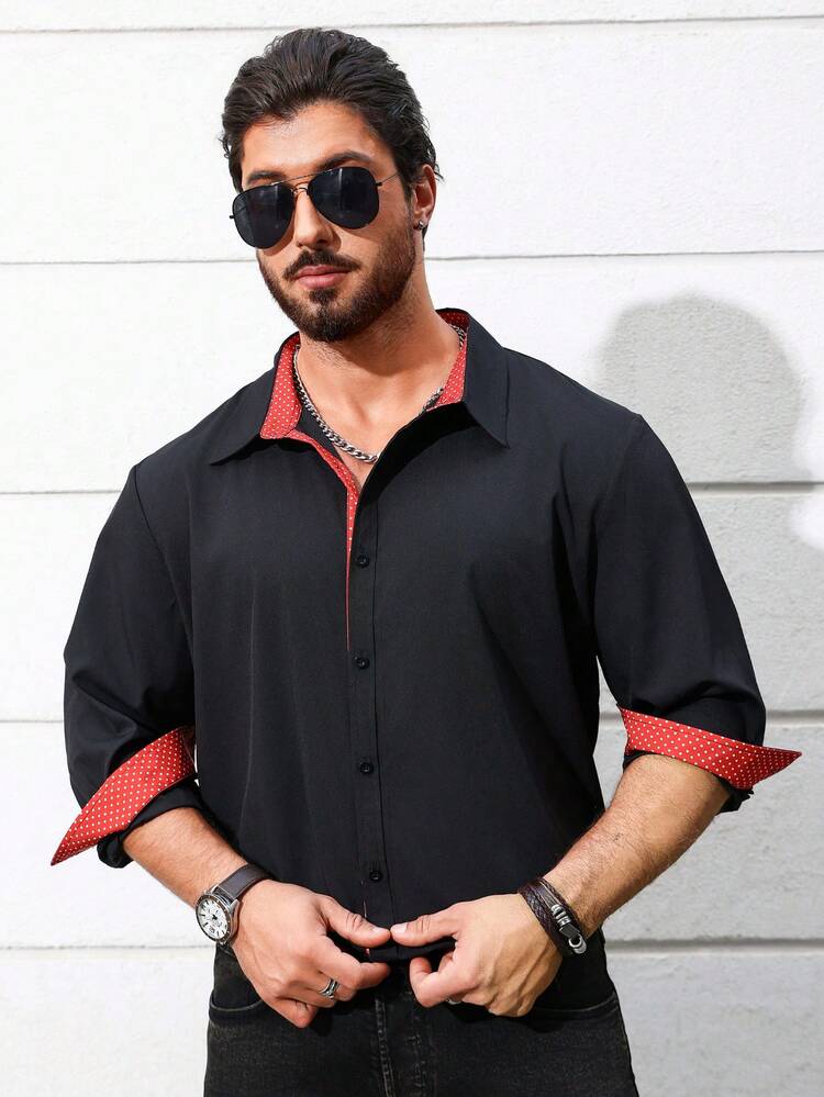 Men's Plus Size Long Sleeve Shirt With Polka Dot Prints And Patchwork