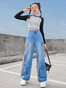 SHEIN 水洗藍高腰寬腿直筒貨物牛仔褲，復古寬鬆斜口袋肥皂袋牛仔褲，街頭休閒時尚風格，兒童牛仔褲和服裝 - 中等水洗藍 - 查看 3