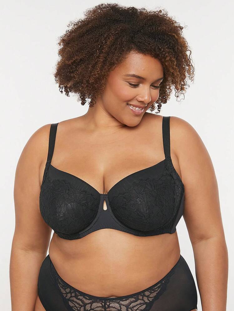 Plus Black Sexy Lingerie Full Coverage Unline Push-Up Floral Lace Elegance Breezy Comfort Minimizer Bra