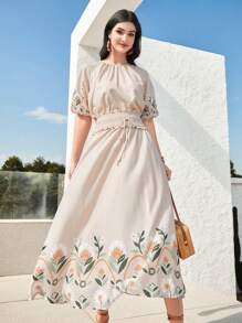 Seusyu Bộ áo và chân váy in hoa tay loe cho nữ 2 món - Màu be - Xem 4