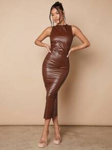 SHEIN BAE Vestido Ceñido Y Plisado Para Mujer De Color Sólido - Marrón - Ver 1