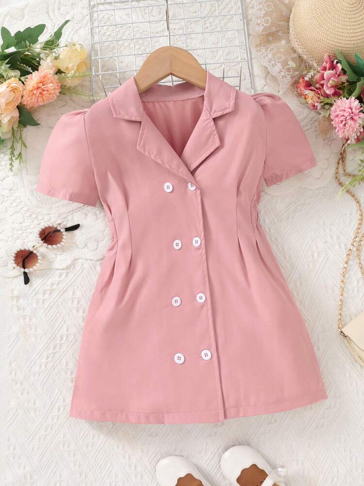 Young Girl's Fashionable And Elegant Collared Puff Sleeve Dress With Waist Pinching And Double-Breasted Closure, Summer