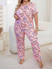 Slumberry CURVE Women's Plus Size Pink Round Neck Cloud Print Pajama Set - Multicolor - View 4