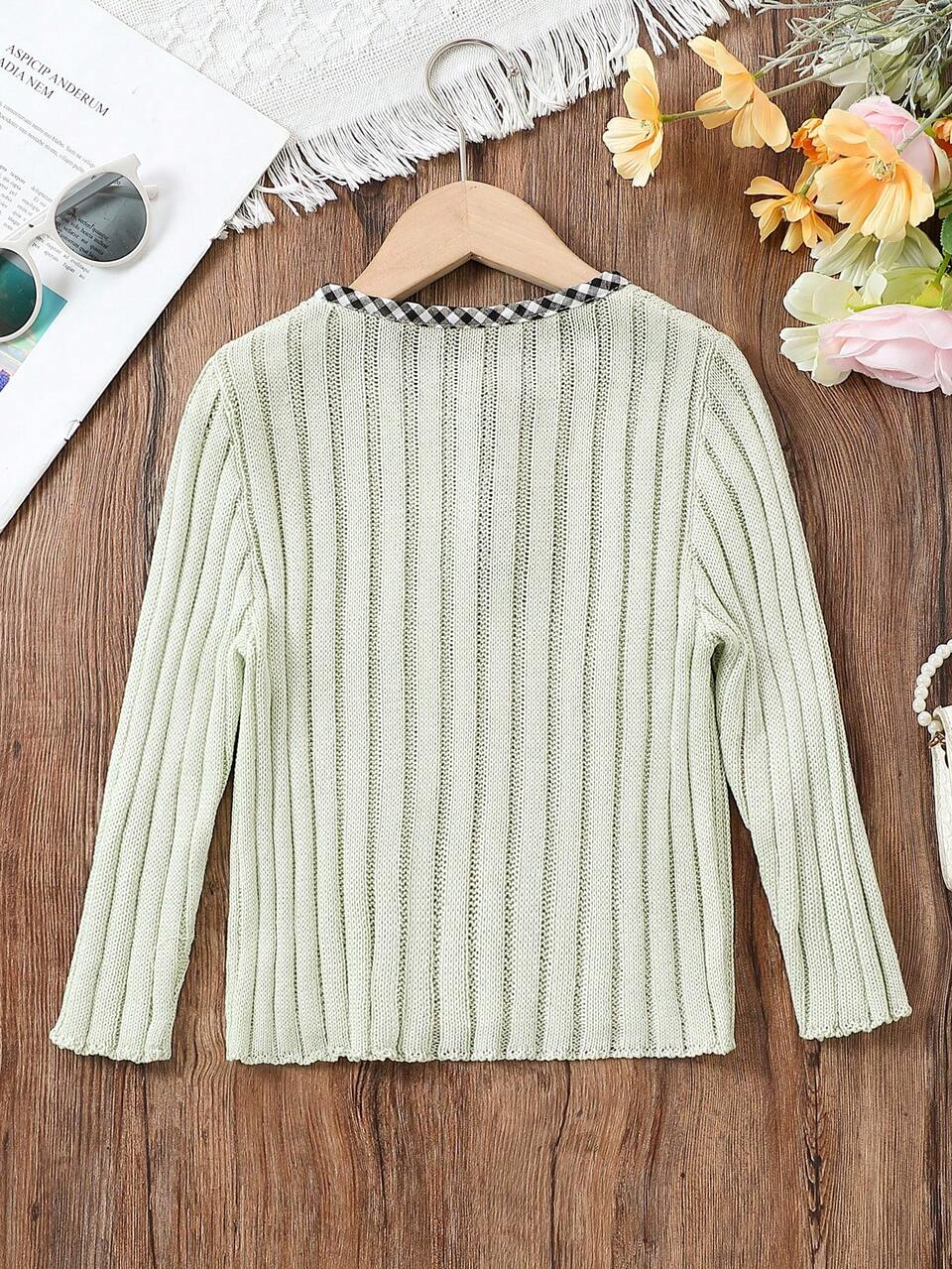 Young Boy Color Block Gingham Decorated Casual Sweater