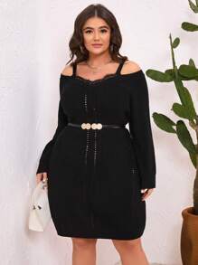 SHEIN Unity Vestido De Suéter De Talla Grande Con Hombros Descubiertos Y Encaje De Patchwork Para Mujeres - Negro - Ver 4