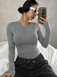 DAZY 女士純色長袖t恤 - 灰色 - 查看 7