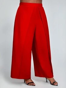 SHEIN Lady Pantalones Palazzo Sólidos Y Envolventes Para Mujer De Talla Grande - Rojo - Ver 4
