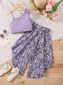 SHEIN Vintaside Kids 女孩純色上衣與印花寬腳褲套裝 - 彩色 - 查看 2