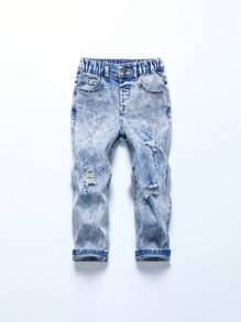 Young Boys' Jeans With Distressed Design And Elastic Material - Light Wash - View 1
