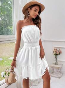 SHEIN VCAY Women'S Strapless Ruched Waist Vacation Dress - White - View 6