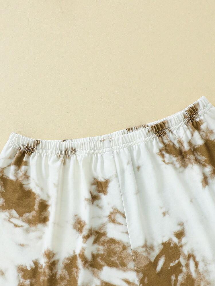 Teen Girl's Brown Tie Dye Letter Print Short Sleeve T-Shirt And Shorts Pajama Set, Casual