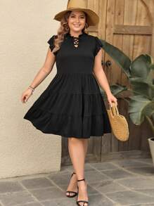 SHEIN LUNE Plus Size Women's Short Flutter Sleeve Tie-Neck Dress - Black - View 2
