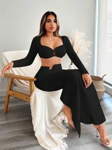 SHEIN SXY Top De Fechamento Curto Com Laço Para Mulheres E Saia Midi Com Laço, Conjunto De 2 Peças - Preto - Visão 5