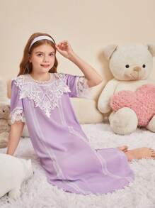 SHEIN Abito Da Notte Lungo Con Maniche Corte A Maglia Per Adolescenti Ragazze, Per Casa - Viola malva - Visualizzare 2